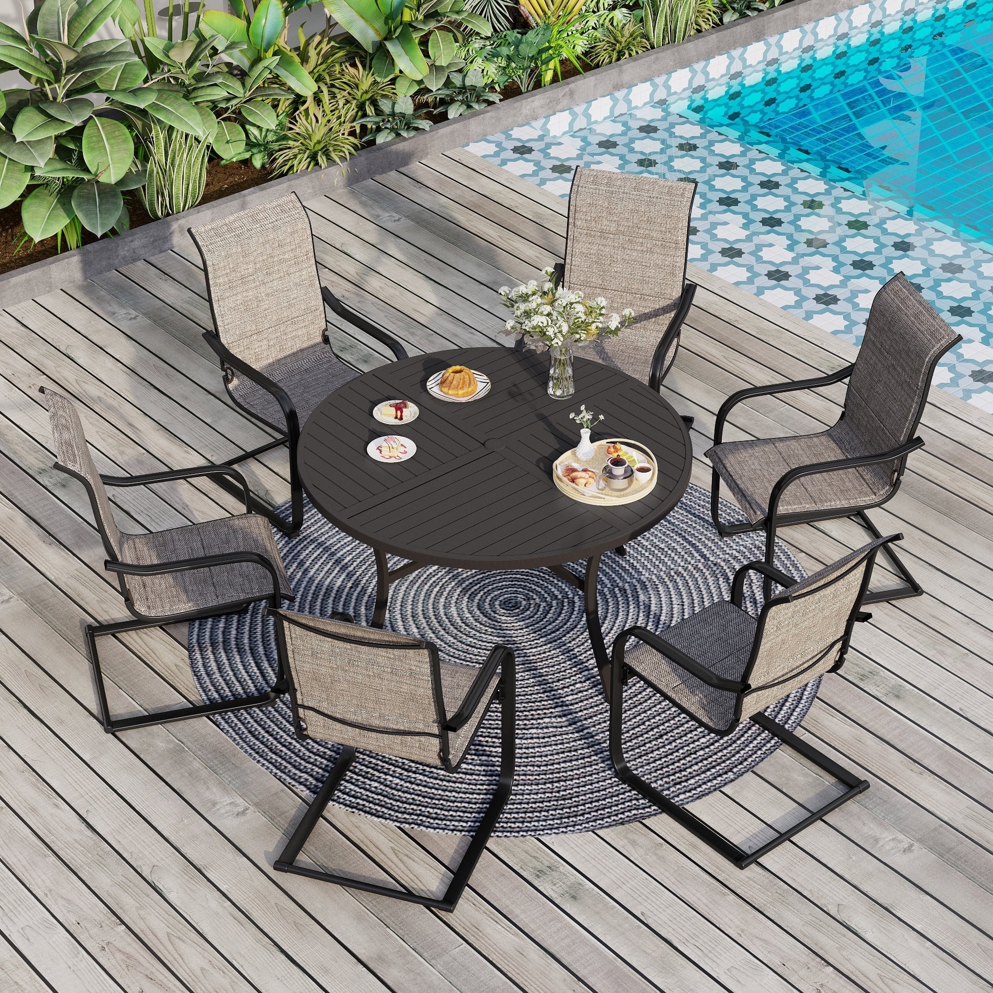 Ensemble de salle à manger de patio 7 pièces MAISON ARTS, grande table à manger ronde avec trou pour parasol et chaises à bascule en textilène à ressorts en C