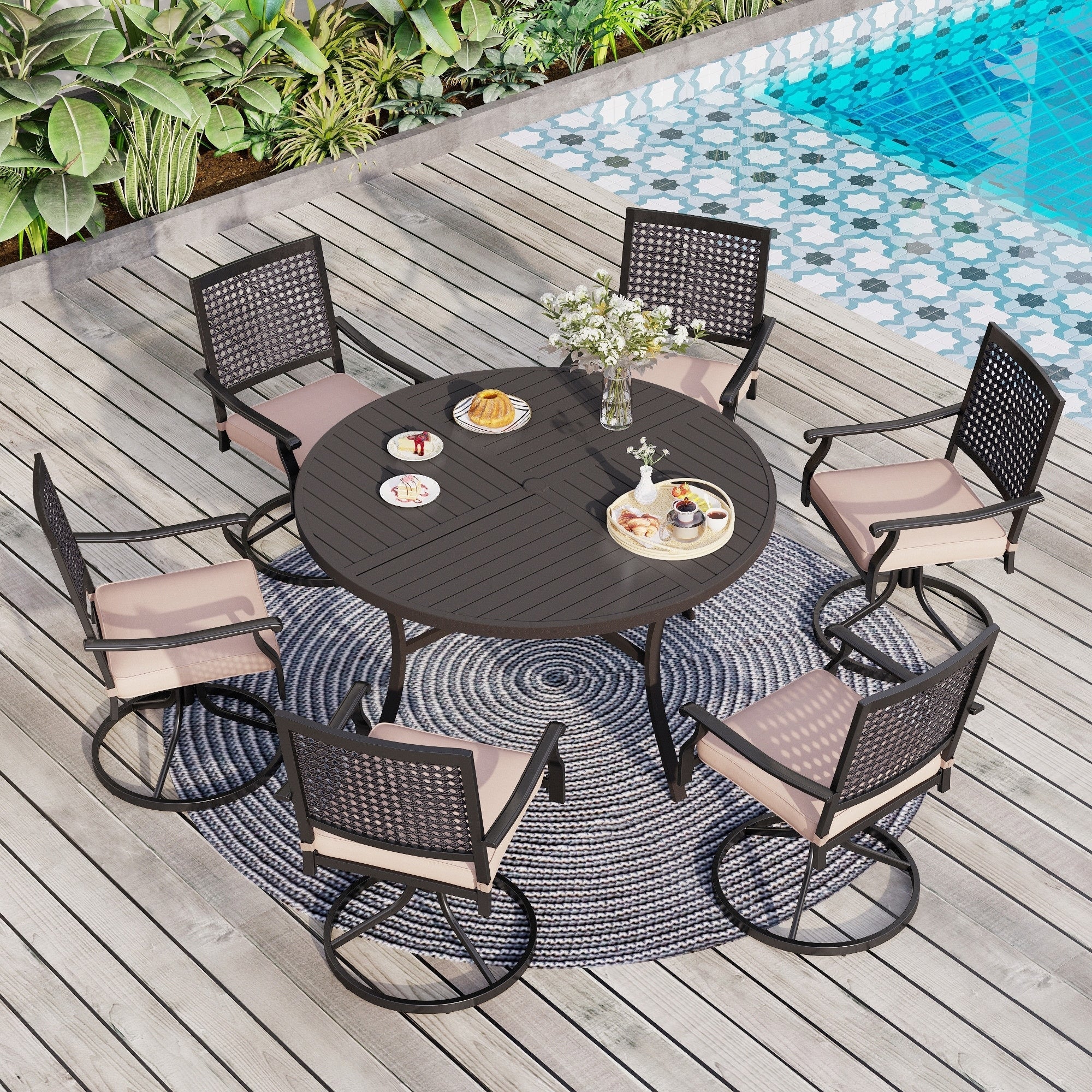 Ensemble de salle à manger de patio 7 pièces MAISON ARTS, grande table à manger ronde avec trou pour parasol et chaises pivotantes en métal