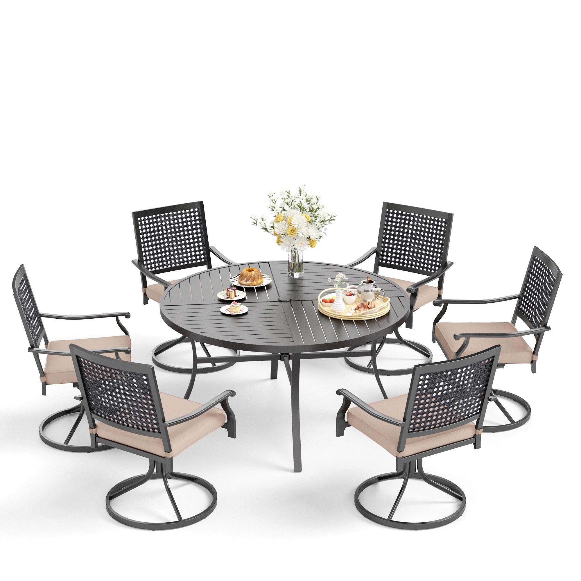 Ensemble de salle à manger de patio 7 pièces MAISON ARTS, grande table à manger ronde avec trou pour parasol et chaises pivotantes en métal