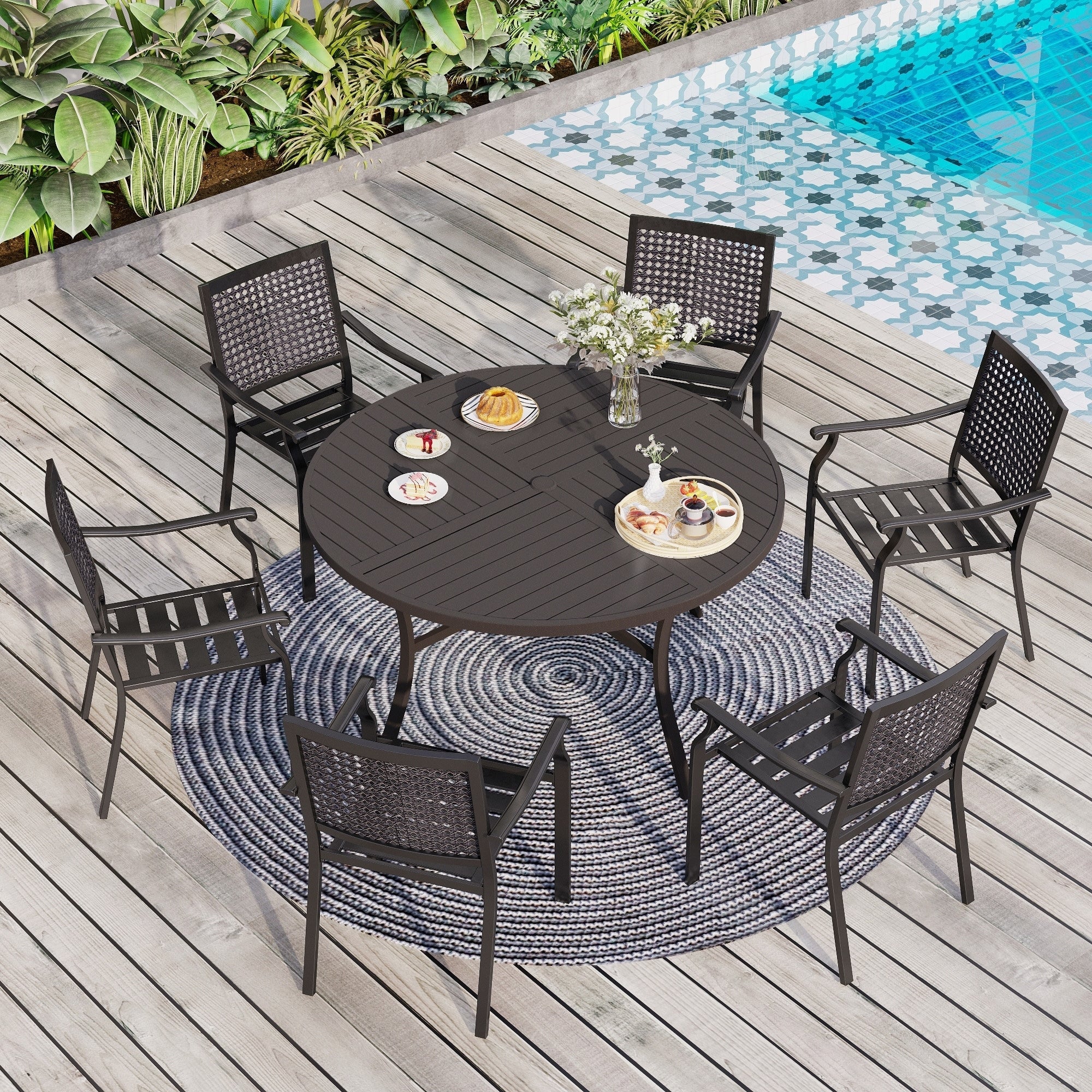 Ensemble de salle à manger de patio 7 pièces MAISON ARTS, grande table à manger ronde avec trou pour parasol et chaises pivotantes en métal