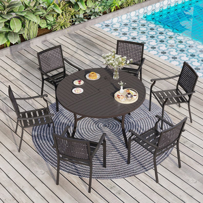 Ensemble de salle à manger de patio 7 pièces MAISON ARTS, grande table à manger ronde avec trou pour parasol et chaises pivotantes en métal