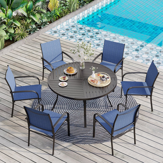Ensemble de salle à manger de patio 7 pièces MAISON ARTS pour 6 personnes, grande table ronde avec trou pour parasol et chaises en textilène