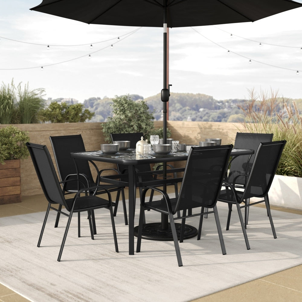 Ensemble de salle à manger de patio 7 pièces avec table en verre et 6 chaises
