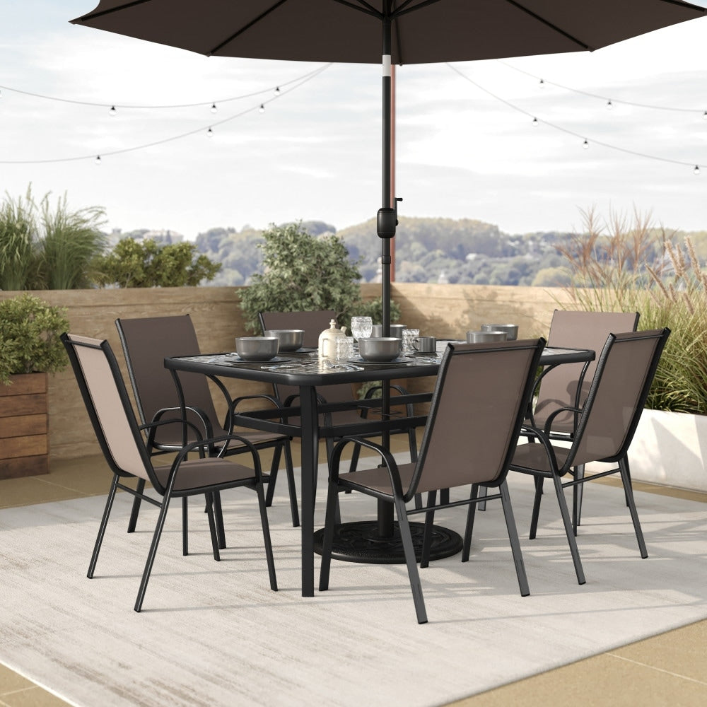 Ensemble de salle à manger de patio 7 pièces avec table en verre et 6 chaises