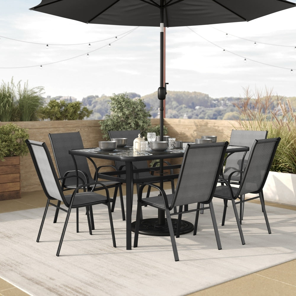 Ensemble de salle à manger de patio 7 pièces avec table en verre et 6 chaises