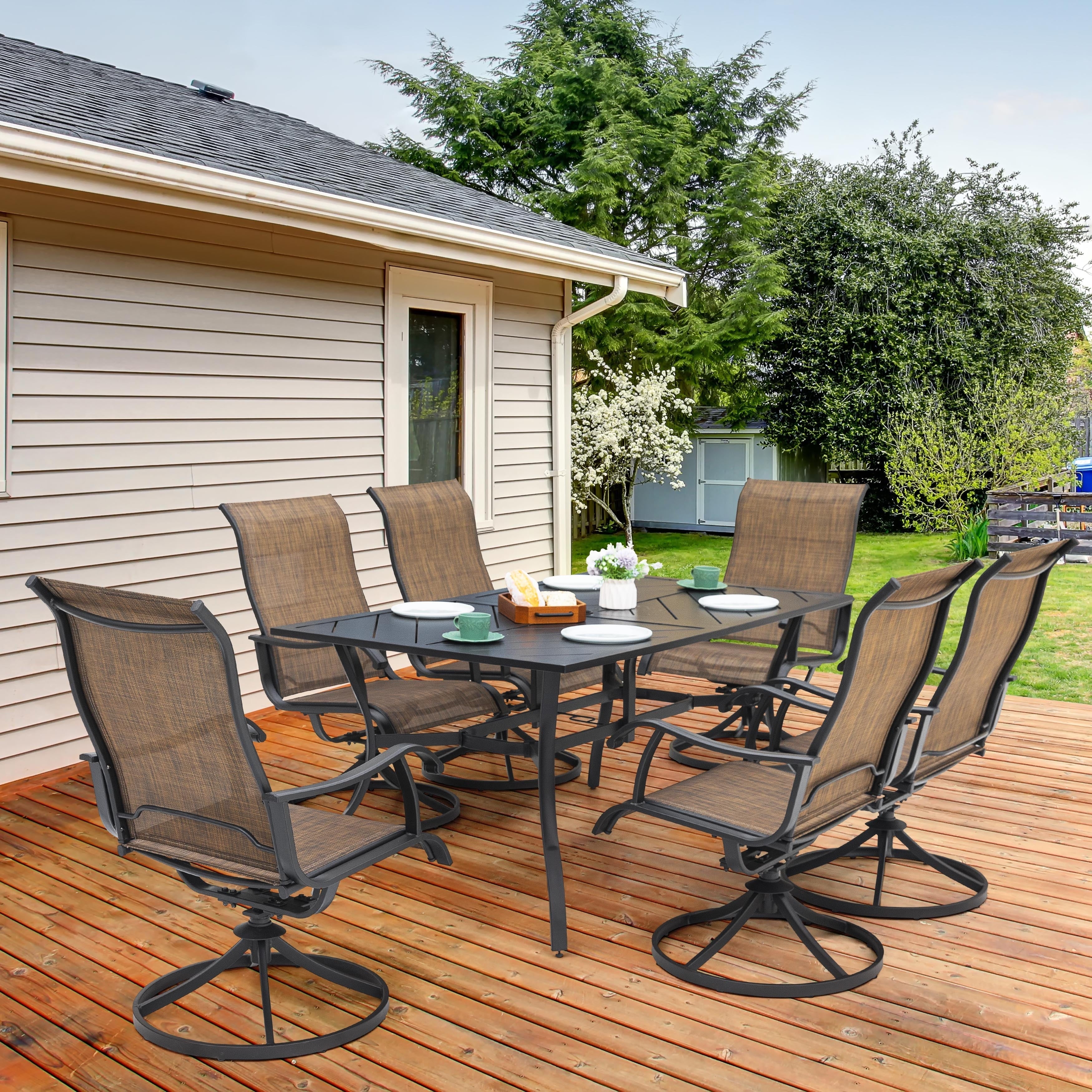 Ensemble de salle à manger de patio en fer 7 pièces avec chaises pivotantes en textilène, marron et noir