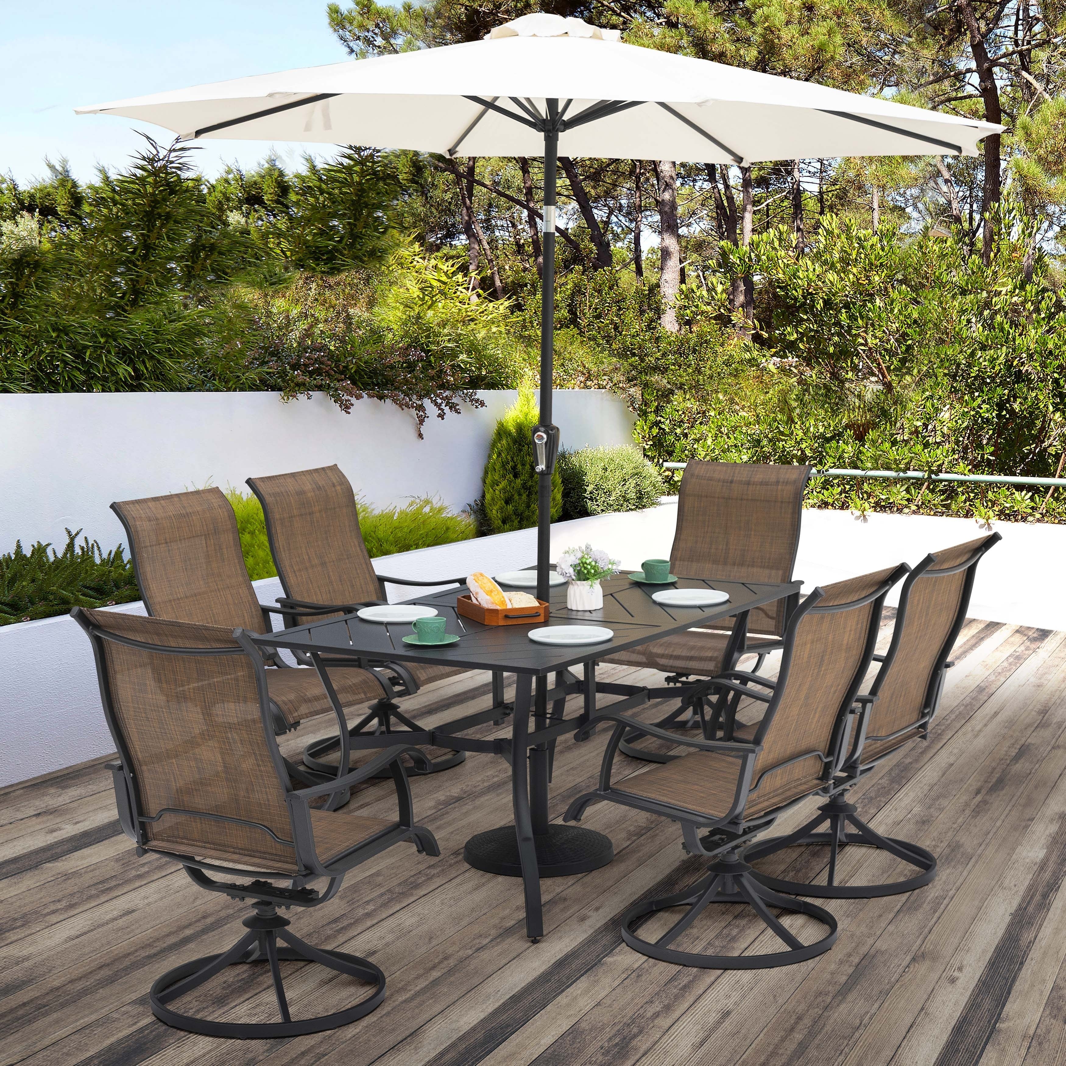 Ensemble de salle à manger de patio en fer 7 pièces avec chaises pivotantes en textilène, marron et noir