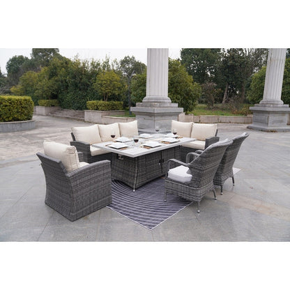 Ensemble de 7 canapés de patio en rotin avec table à manger et fauteuils en aluminium