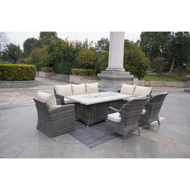 Ensemble de 7 canapés de patio en rotin avec table à manger et fauteuils en aluminium
