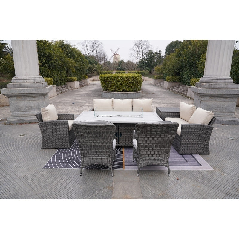 Ensemble de 7 canapés de patio en rotin avec table à manger et fauteuils en aluminium