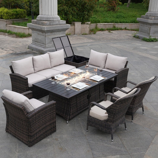 Ensemble de 7 canapés de patio en rotin avec table à manger et fauteuils en aluminium