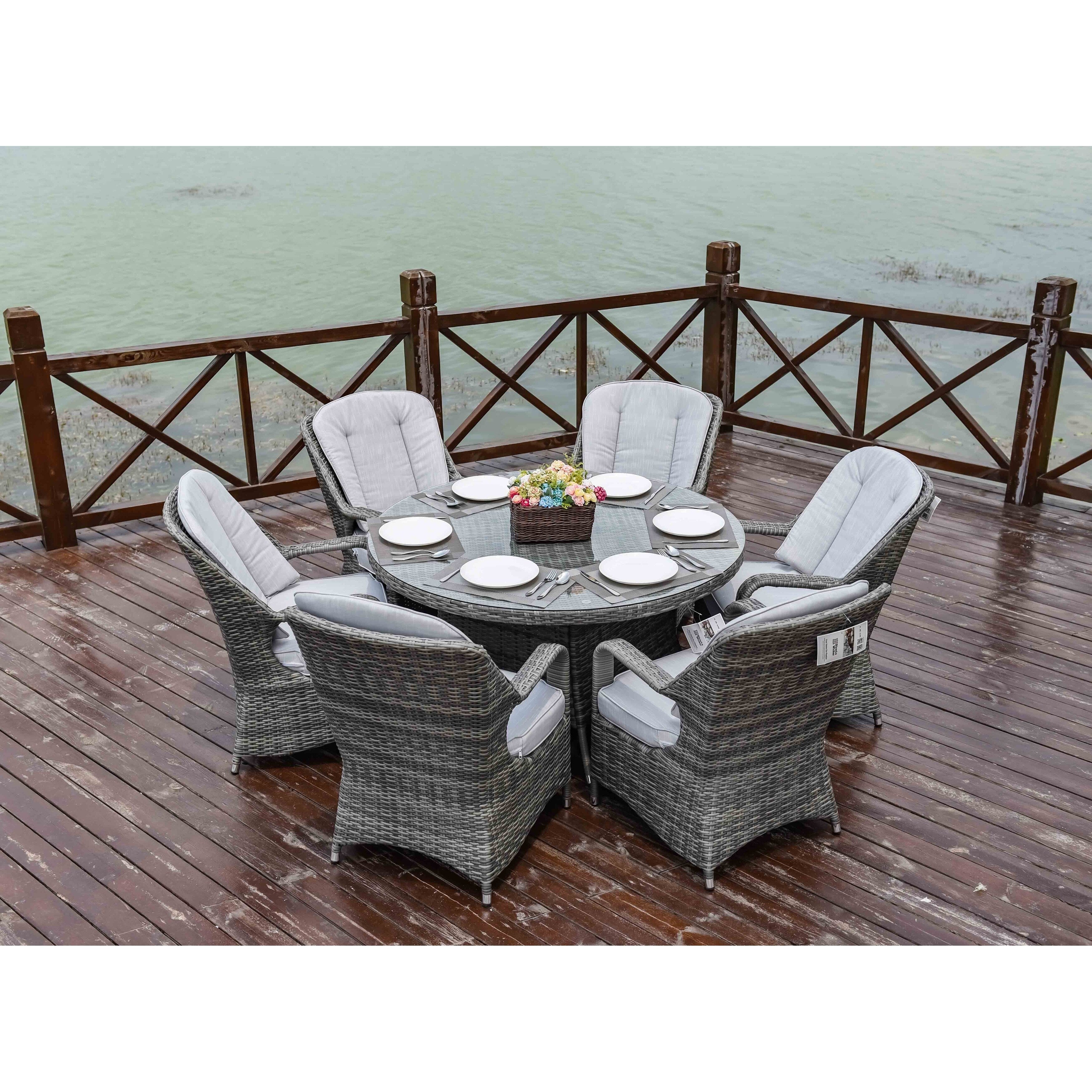 Ensemble de salle à manger rond en rotin et osier pour patio, 7 pièces, avec coussins, par Moda Furnishings