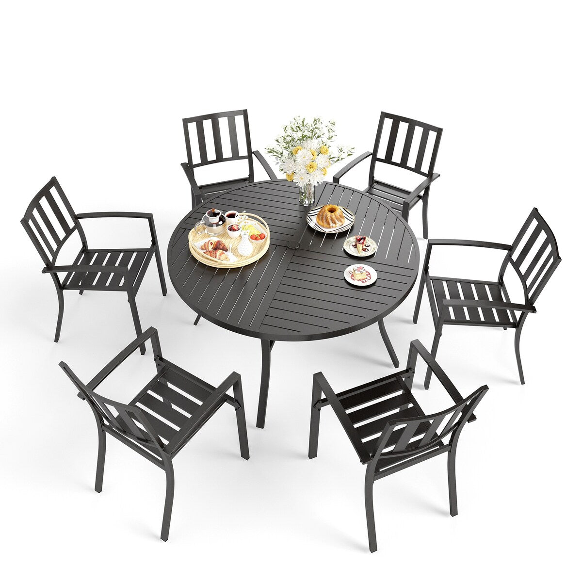 Ensemble de salle à manger d'extérieur 7 pièces MAISON ARTS pour 6 personnes, grande table ronde avec trou pour parasol et chaises empilables en métal