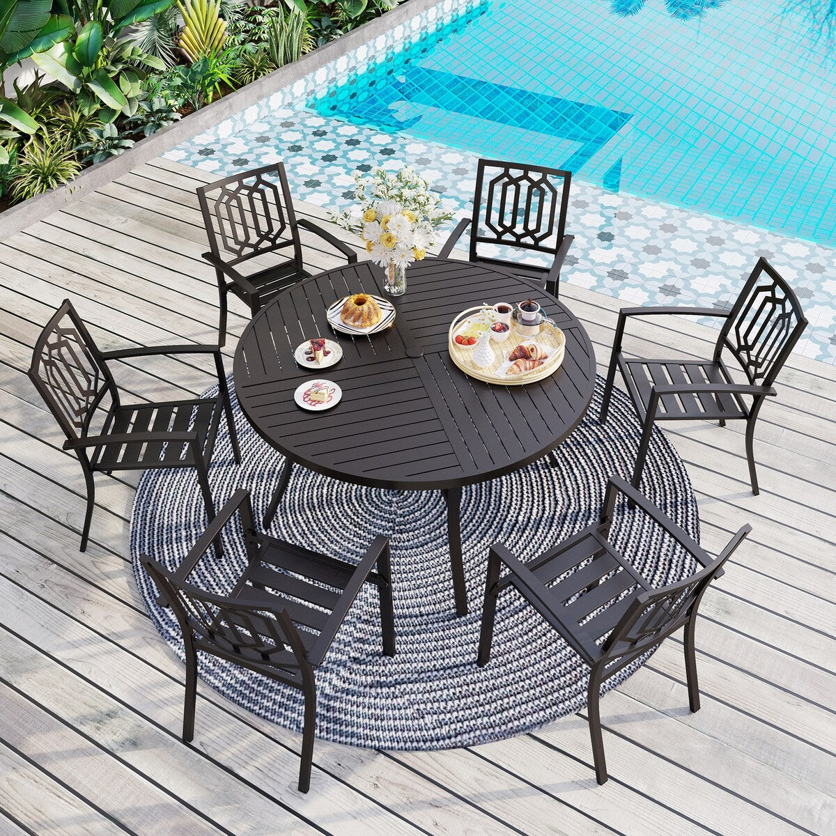 Ensemble de salle à manger d'extérieur 7 pièces MAISON ARTS pour 6 personnes, grande table ronde avec trou pour parasol et chaises empilables en métal