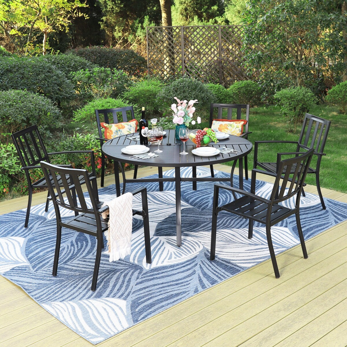 Ensemble de salle à manger d'extérieur 7 pièces MAISON ARTS pour 6 personnes, grande table ronde avec trou pour parasol et chaises empilables en métal