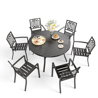 Ensemble de salle à manger d'extérieur 7 pièces MAISON ARTS pour 6 personnes, grande table ronde avec trou pour parasol et chaises empilables en métal
