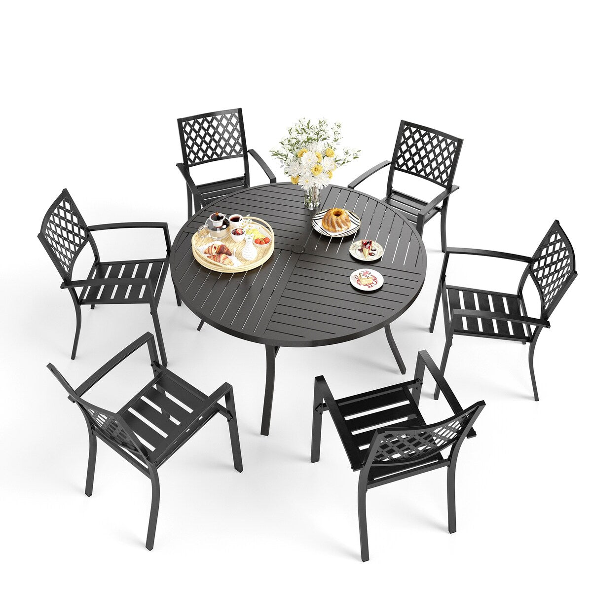 Ensemble de salle à manger d'extérieur 7 pièces MAISON ARTS pour 6 personnes, grande table ronde avec trou pour parasol et chaises empilables en métal