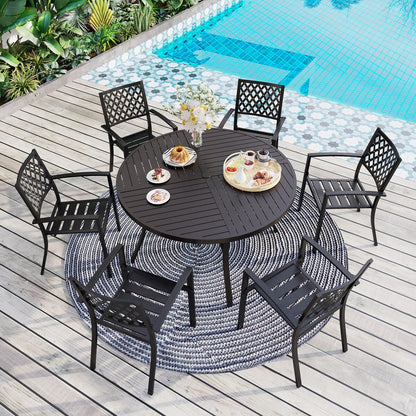 Ensemble de salle à manger d'extérieur 7 pièces MAISON ARTS pour 6 personnes, grande table ronde avec trou pour parasol et chaises empilables en métal