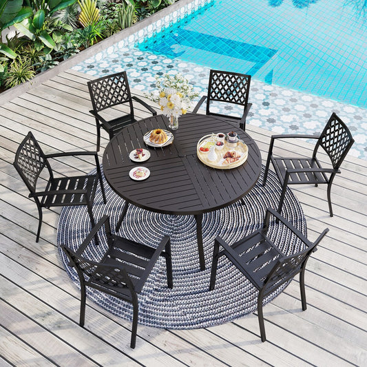 Ensemble de salle à manger d'extérieur 7 pièces MAISON ARTS pour 6 personnes, grande table ronde avec trou pour parasol et chaises empilables en métal