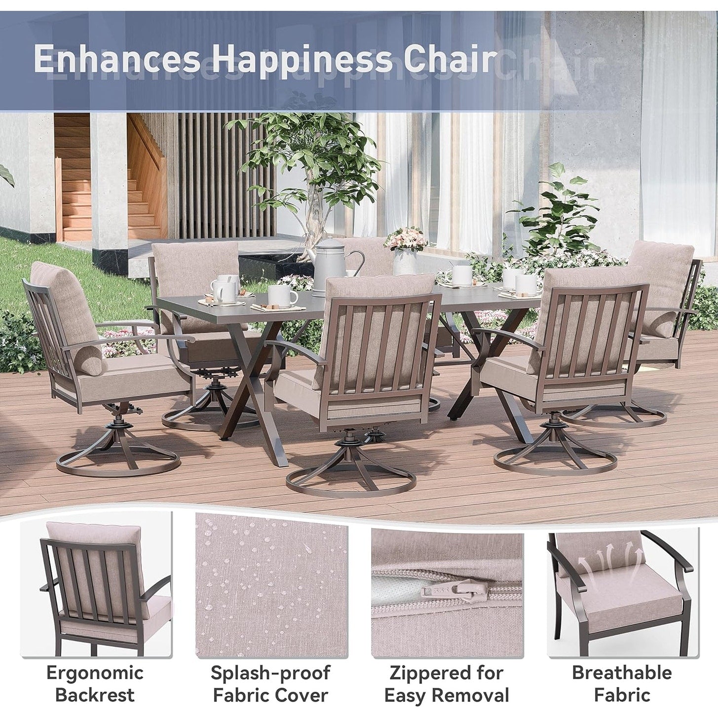 Ensemble de salle à manger d'extérieur 7 pièces avec table à pieds en X et chaises pivotantes