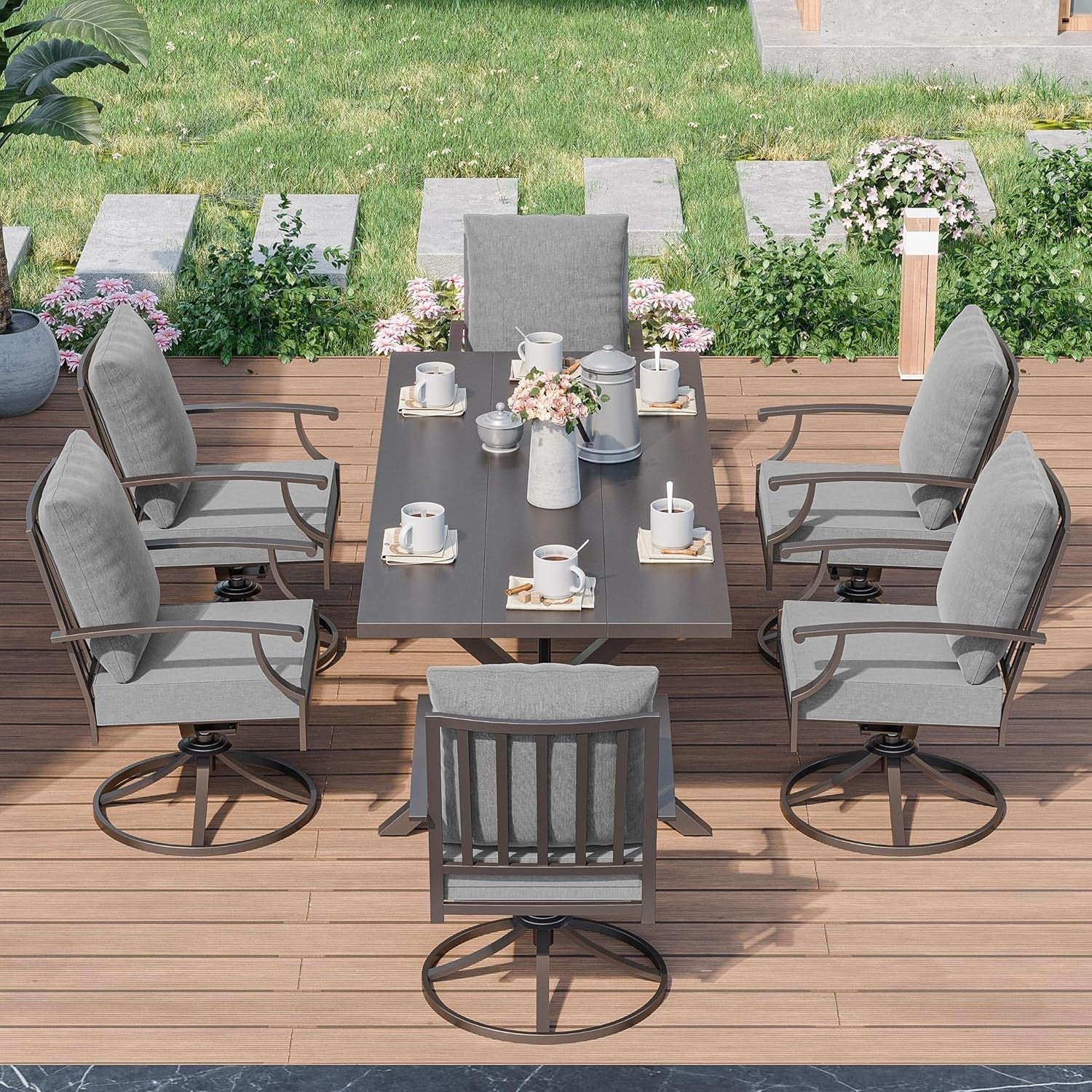 Ensemble de salle à manger d'extérieur 7 pièces avec table à pieds en X et chaises pivotantes