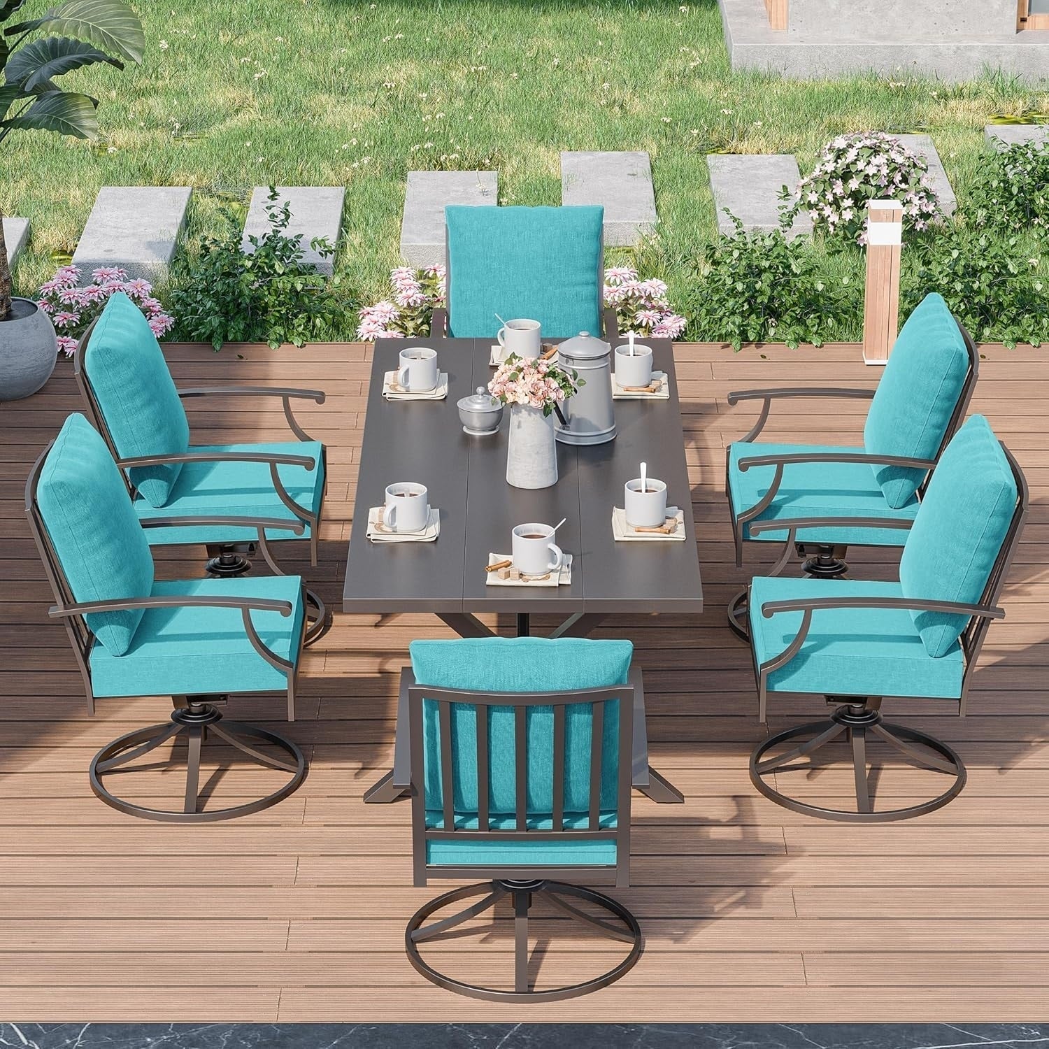 Ensemble de salle à manger d'extérieur 7 pièces avec table à pieds en X et chaises pivotantes