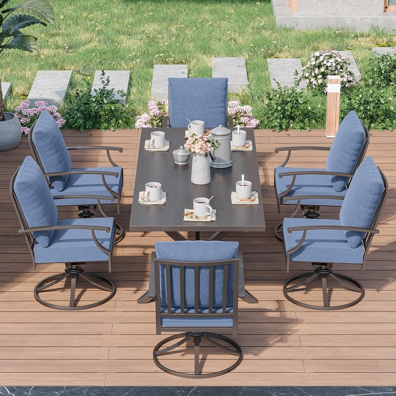 Ensemble de salle à manger d'extérieur 7 pièces avec table à pieds en X et chaises pivotantes
