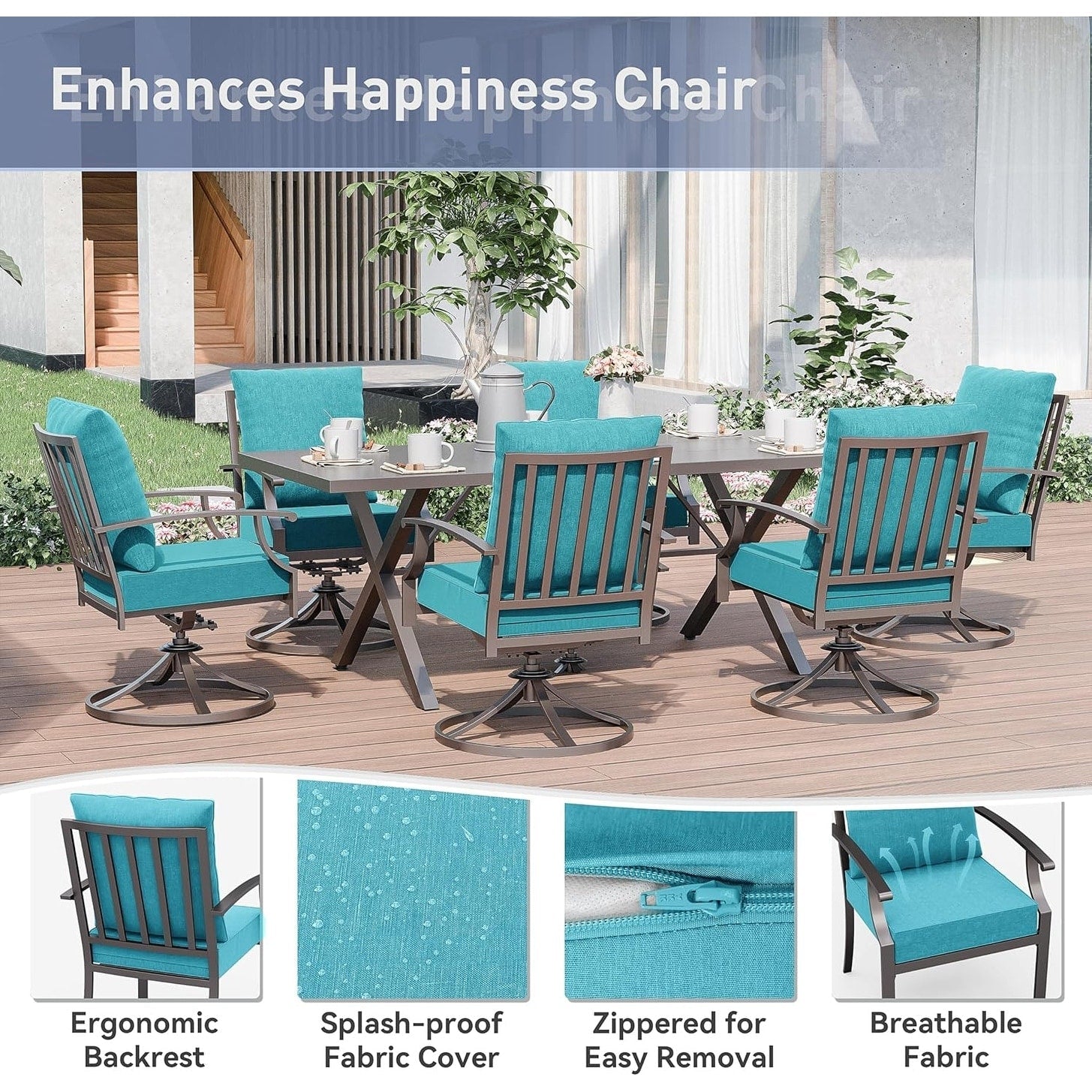Ensemble de salle à manger d'extérieur 7 pièces avec table à pieds en X et chaises pivotantes