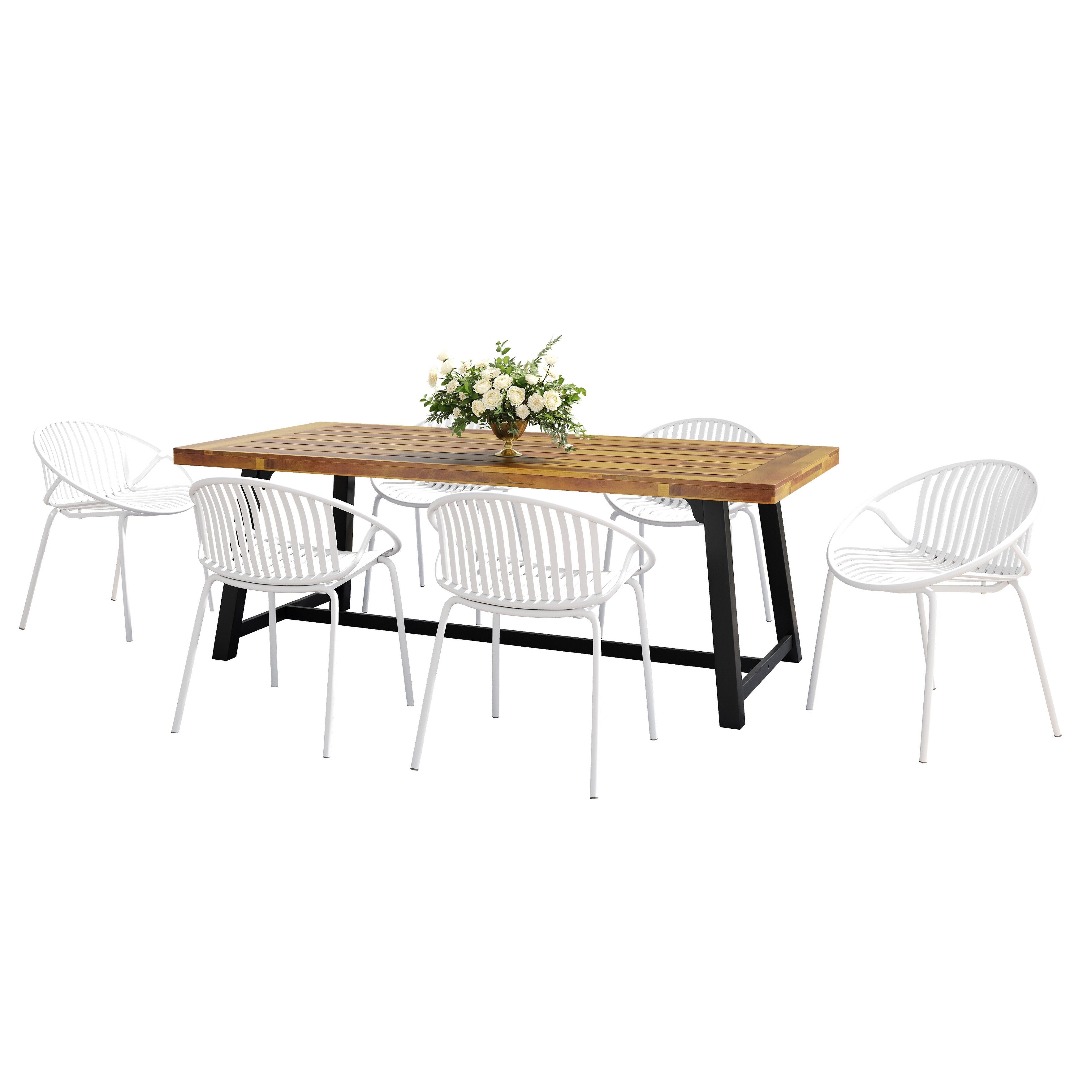 Ensemble de salle à manger d'extérieur moderne 7 pièces avec chaises empilables, blanc