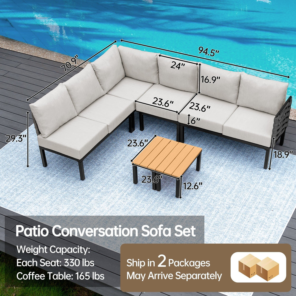 Ensemble de meubles de jardin, canapé sectionnel en L avec 6 coussins épais et table basse pour jardin et véranda