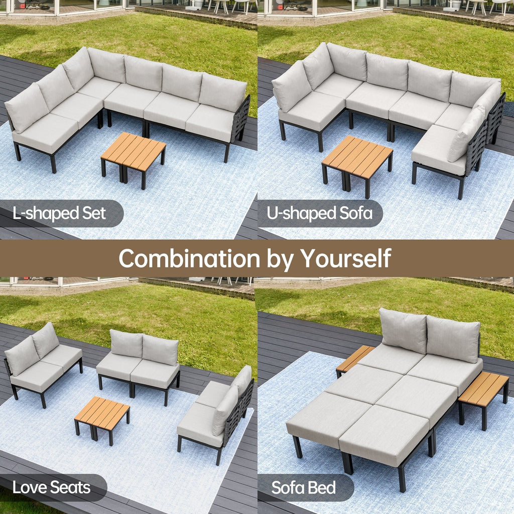 Ensemble de meubles de jardin, canapé sectionnel en L avec 6 coussins épais et table basse pour jardin et véranda