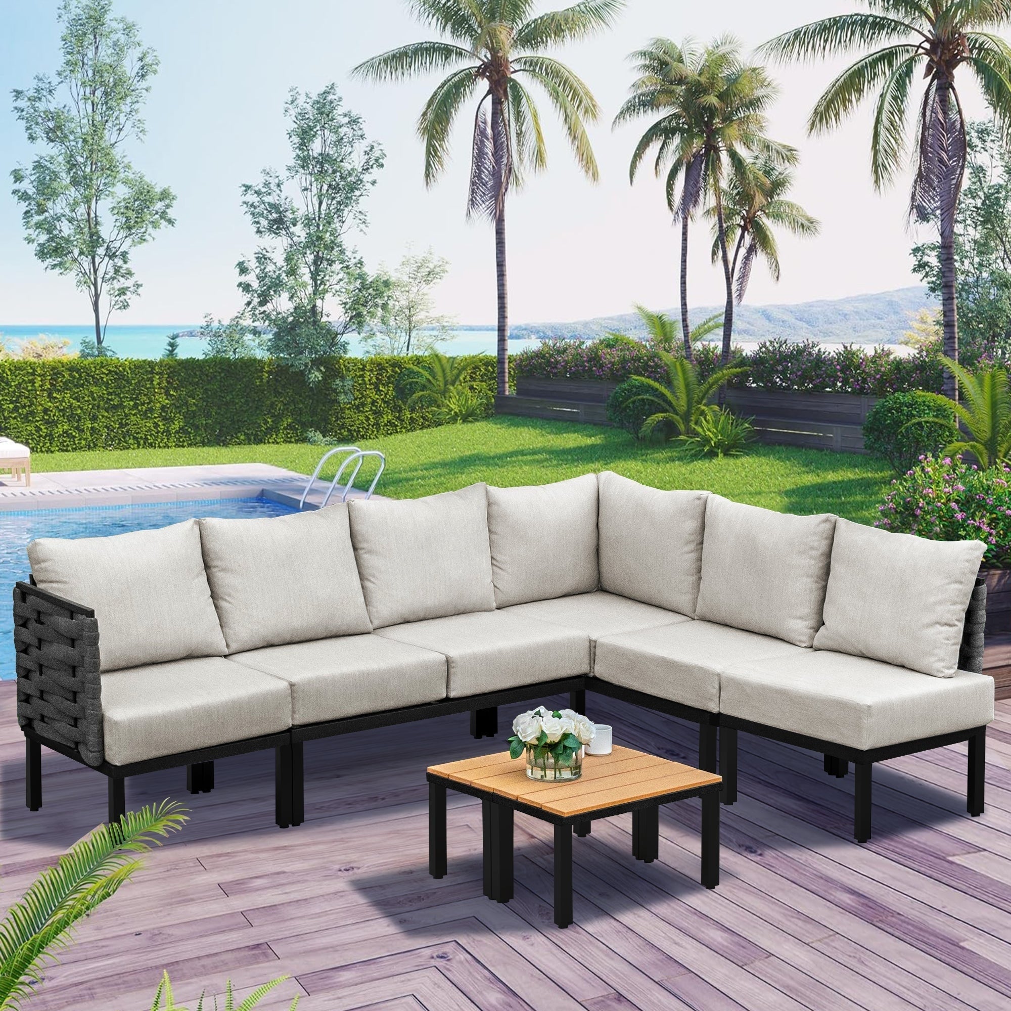 Ensemble de meubles de jardin, canapé sectionnel en L avec 6 coussins épais et table basse pour jardin et véranda