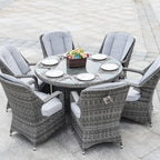 Ensemble de salle à manger rond en rotin et osier pour patio, 7 pièces, avec coussins, par Moda Furnishings