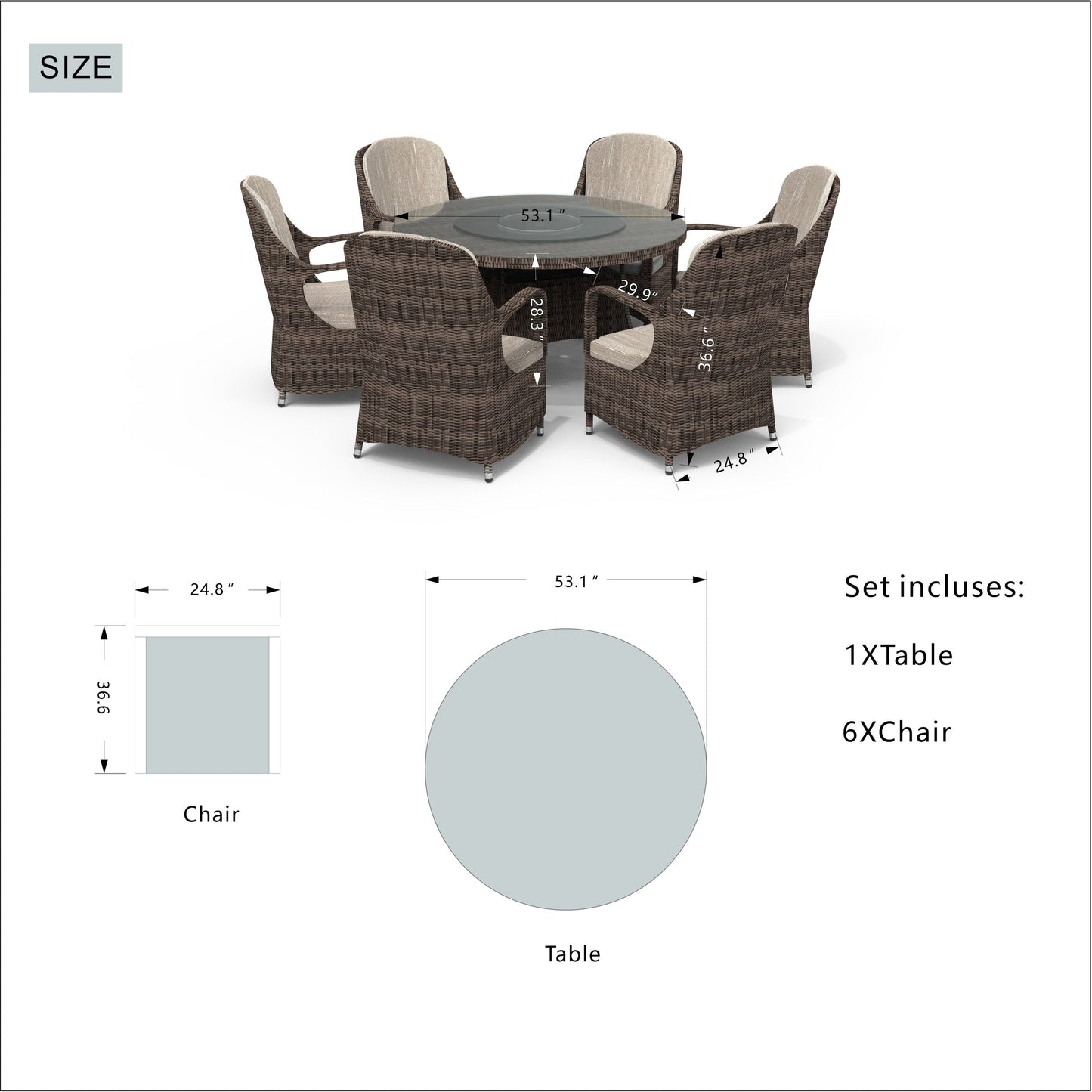Ensemble de salle à manger rond en rotin et osier pour patio, 7 pièces, avec coussins, par Moda Furnishings