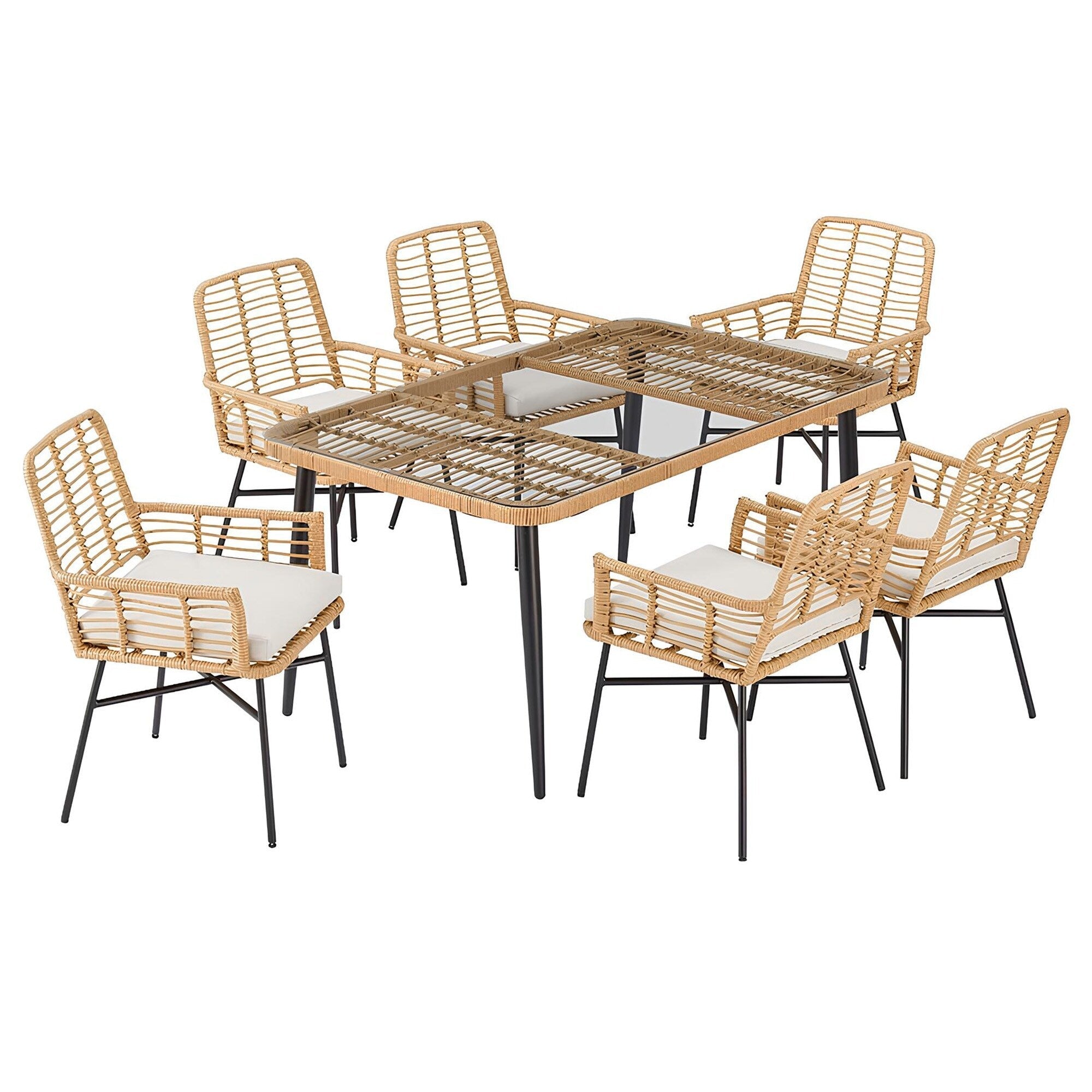 Ensemble de salle à manger de patio 7 pièces, table à manger d'extérieur en osier avec coussins amovibles pour pelouse, jardin et arrière-cour