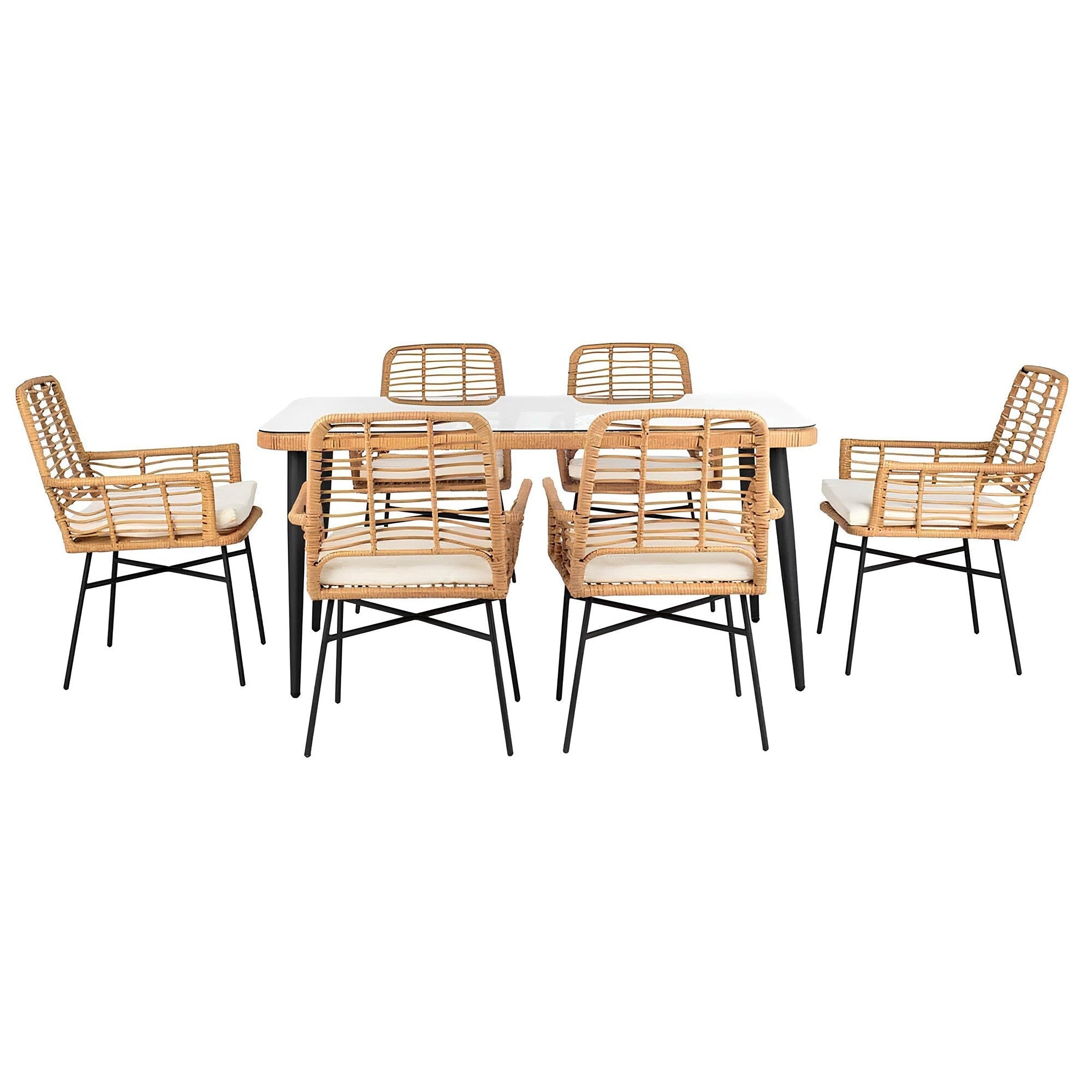 Ensemble de salle à manger de patio 7 pièces, table à manger d'extérieur en osier avec coussins amovibles pour pelouse, jardin et arrière-cour