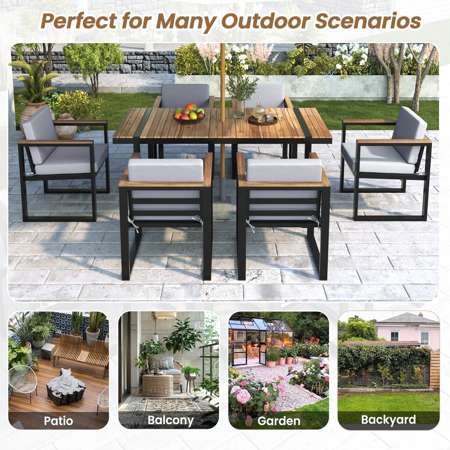 Ensemble table et chaises de patio 7 pièces avec coussins amovibles