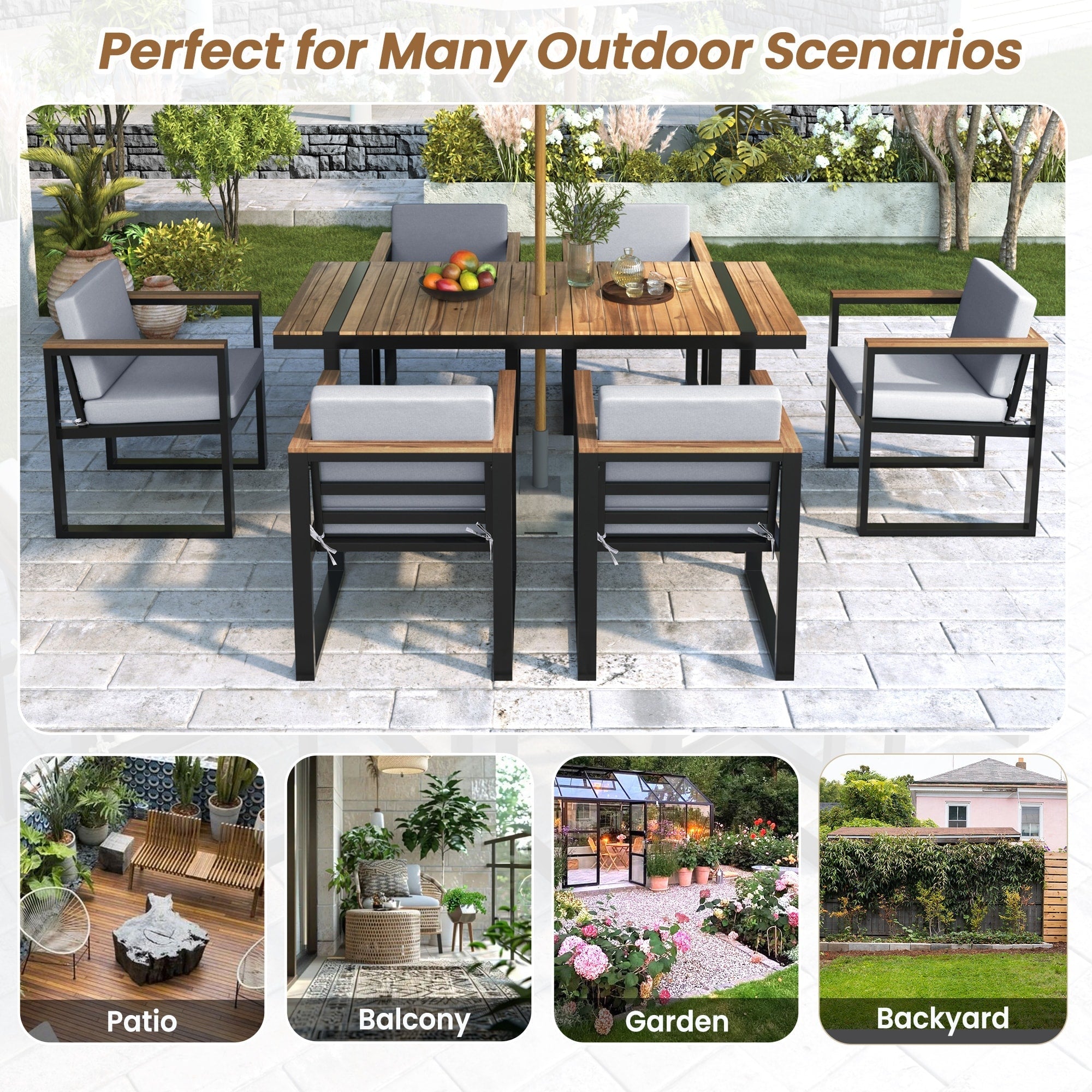 Ensemble table et chaises de patio 7 pièces avec coussins amovibles
