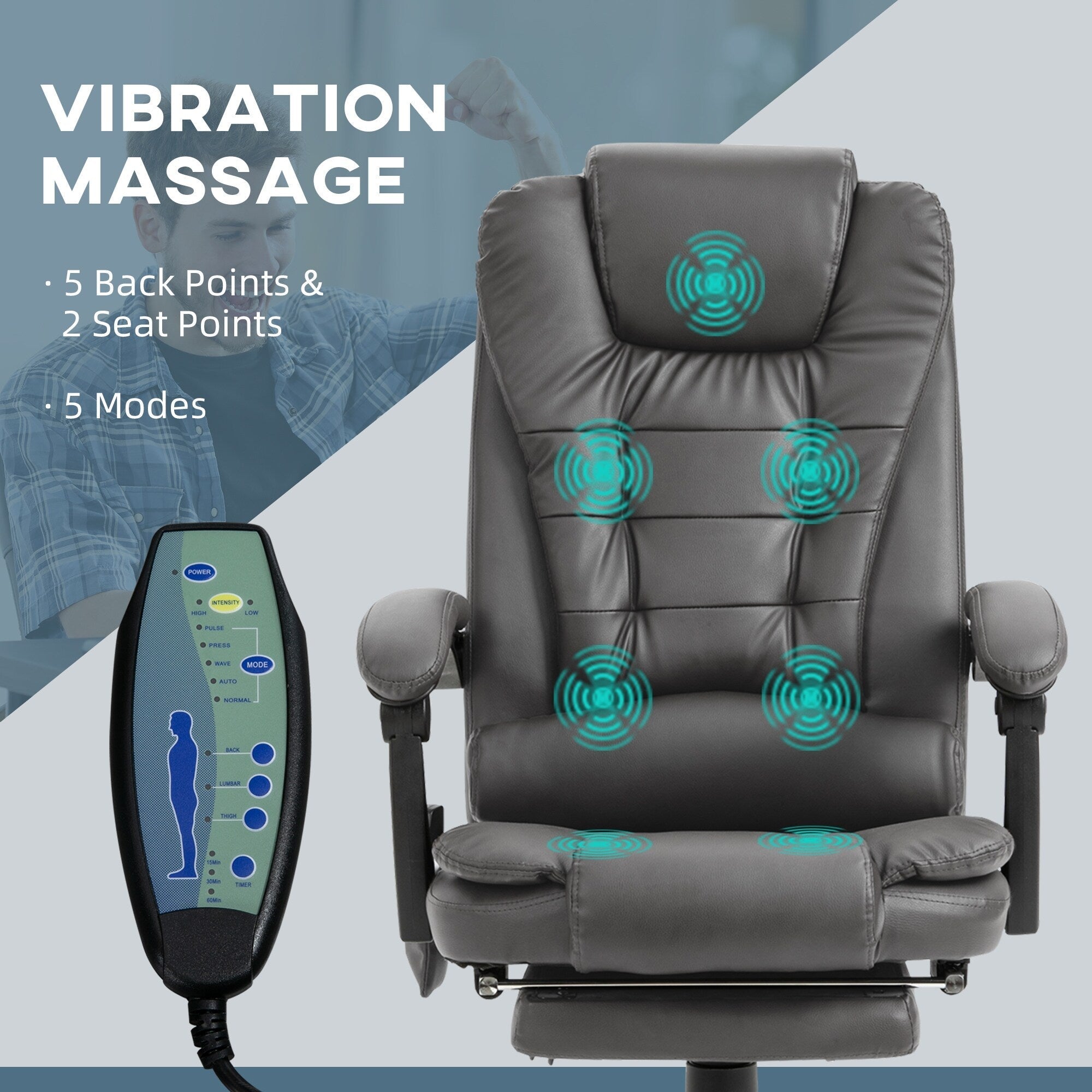 Chaise de bureau massante à 7 points de vibration, chaise de jeu en cuir PU avec support lombaire et repose-pieds rétractable