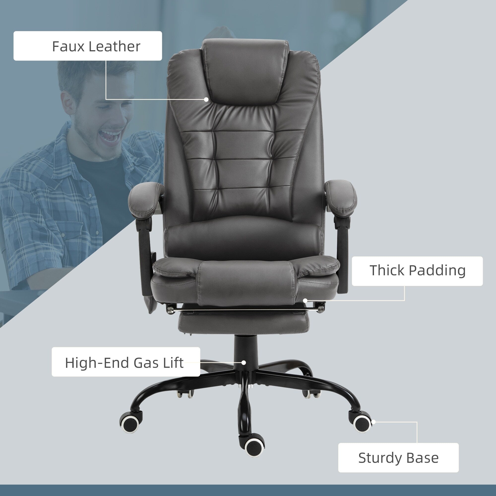 Chaise de bureau massante à 7 points de vibration, chaise de jeu en cuir PU avec support lombaire et repose-pieds rétractable