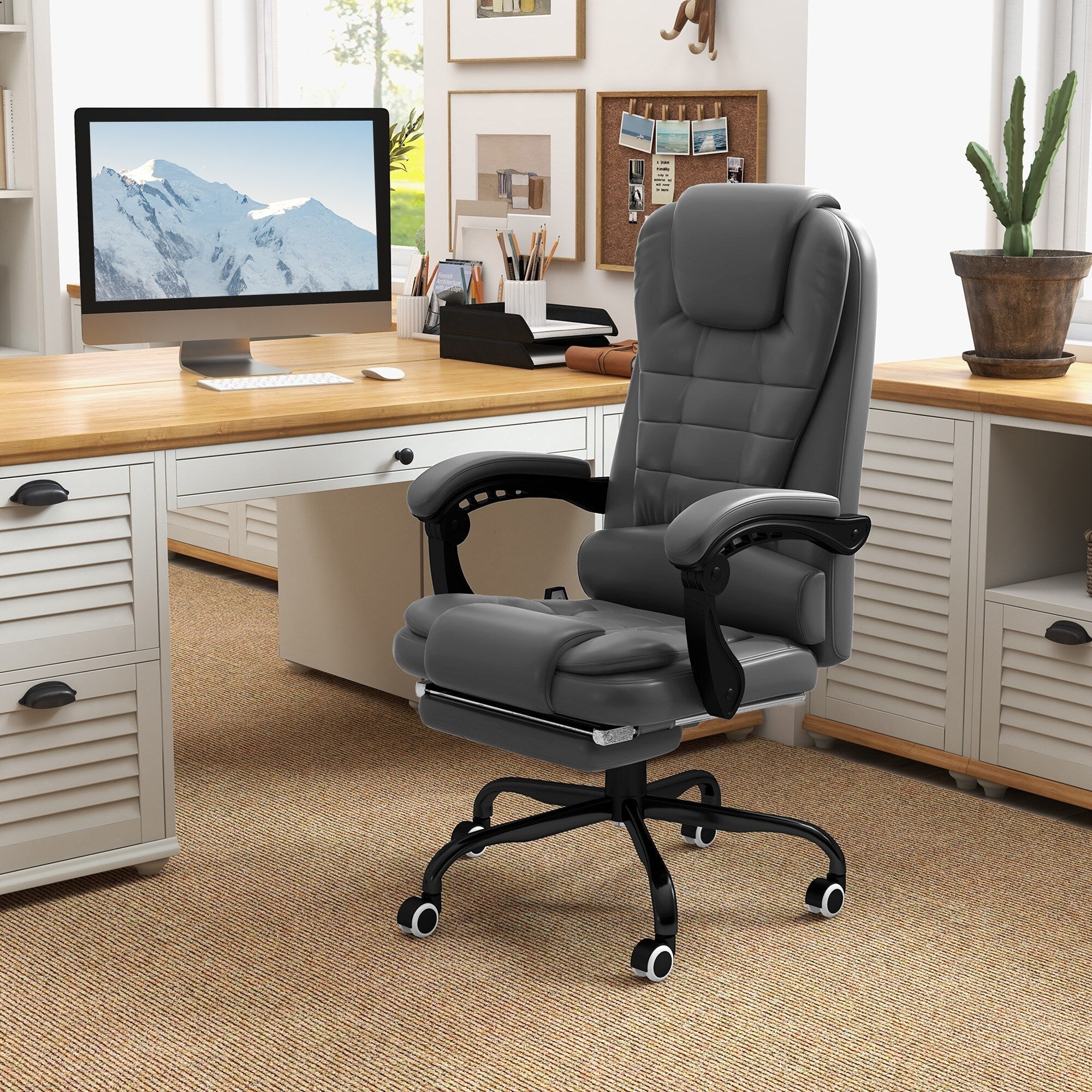Chaise de bureau massante à 7 points de vibration, chaise de jeu en cuir PU avec support lombaire et repose-pieds rétractable