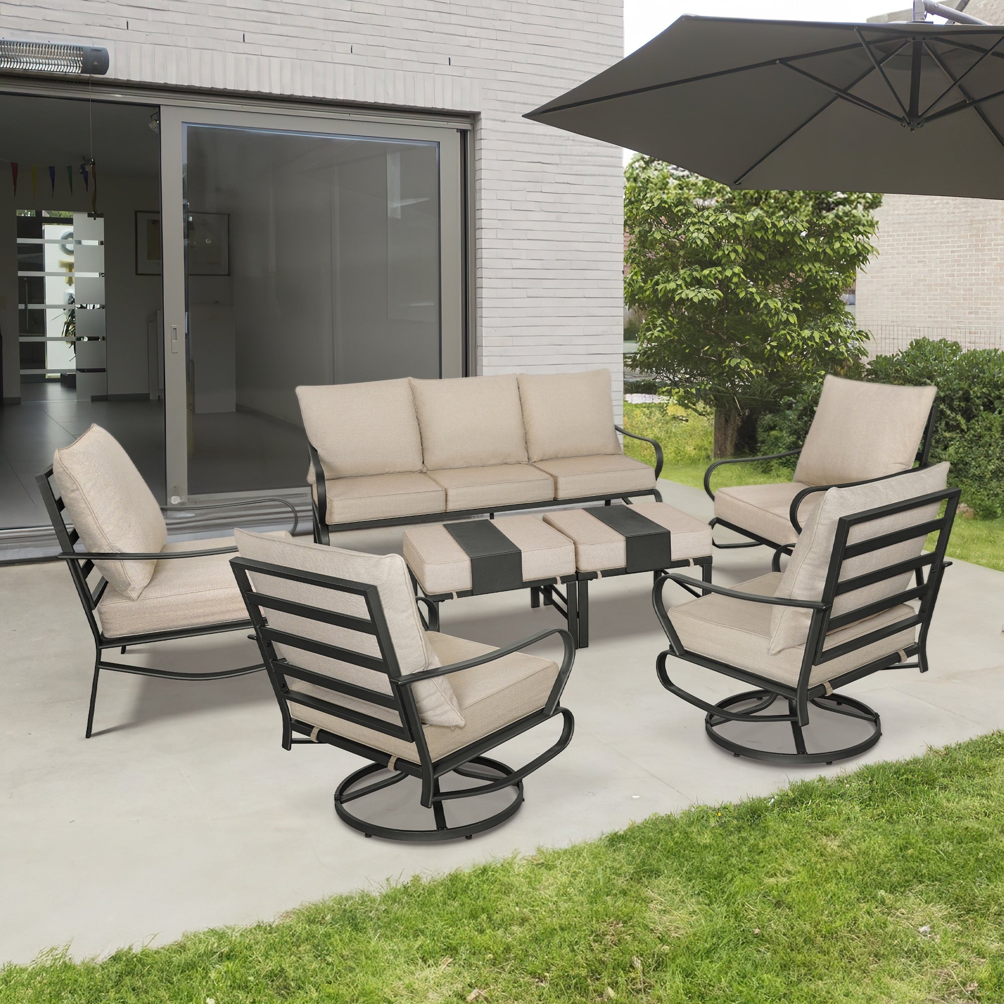 Ensemble de conversation extérieur 7 places pour patio, canapé d'extérieur avec poufs