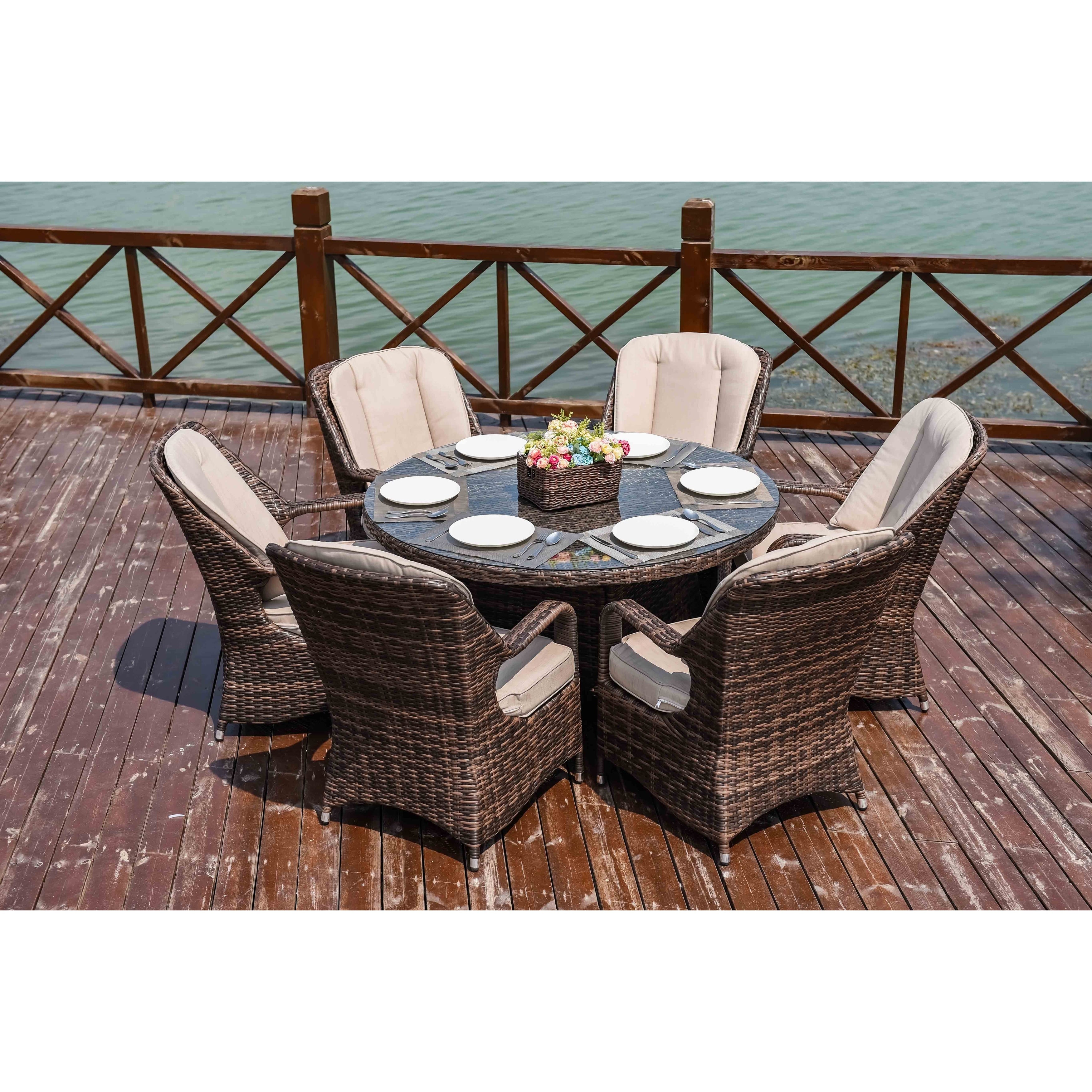 Ensemble de salle à manger d'extérieur 7 pièces avec table ronde et chaises