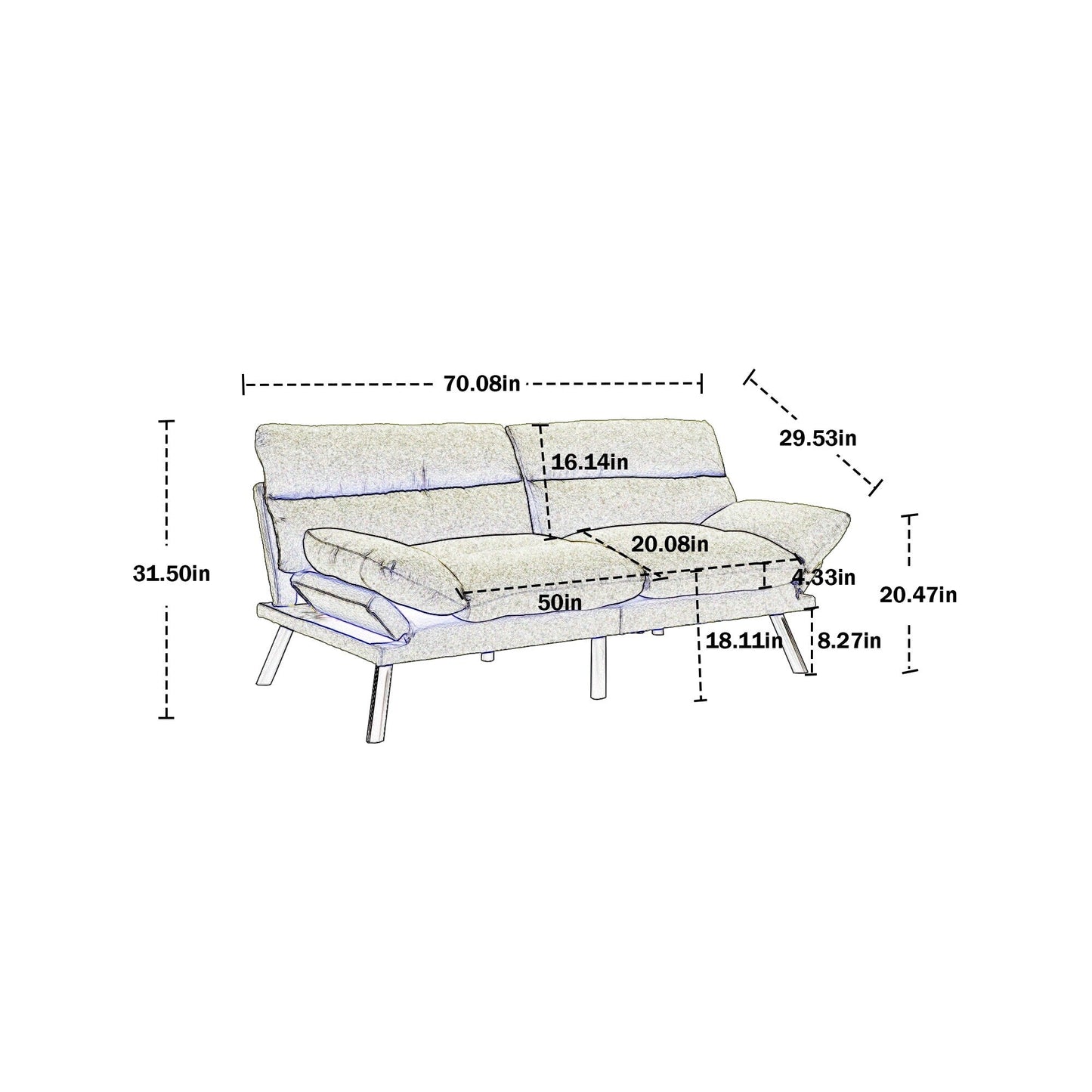 Canapé 2 places en tissu Teddy 70.08 avec coussins épais, pieds en métal et capacité de charge de 600 lb