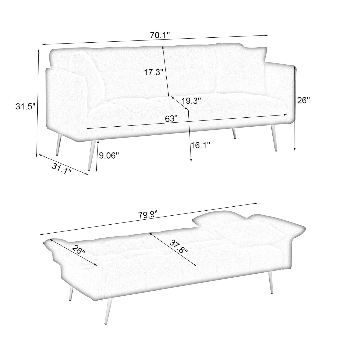 Canapé-lit double convertible avec accoudoirs rabattables - 31,10 x 70,00 x 31,49