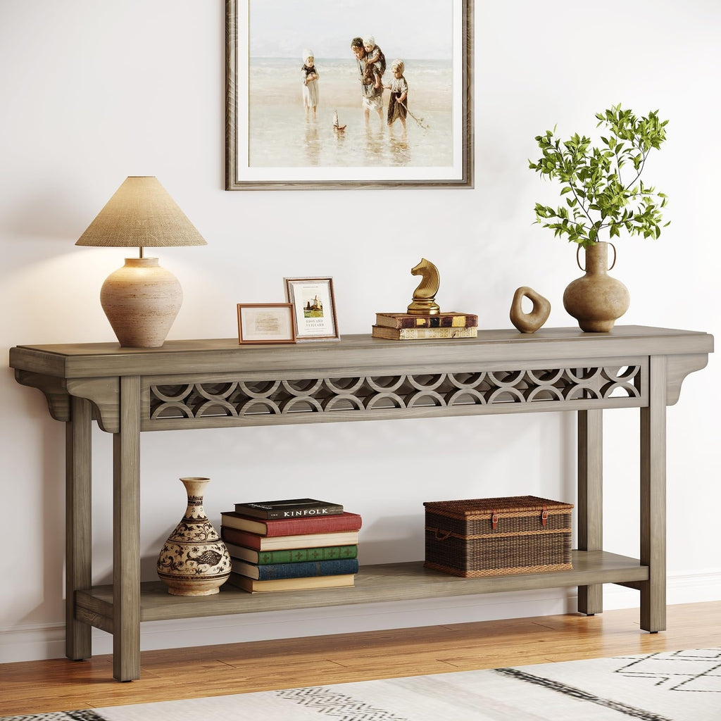 Table console longue en bois massif de style ferme de 70,8 pouces