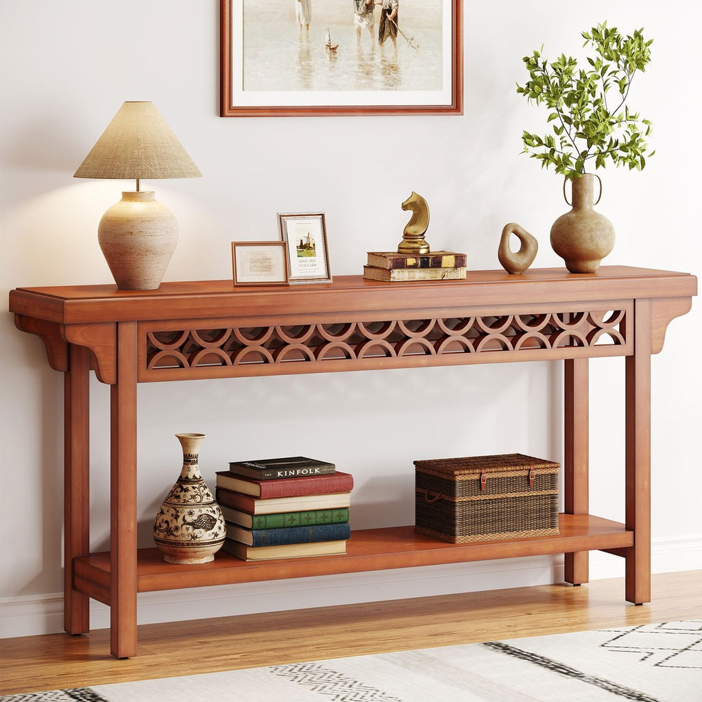 Table console longue en bois massif de style ferme de 70,8 pouces