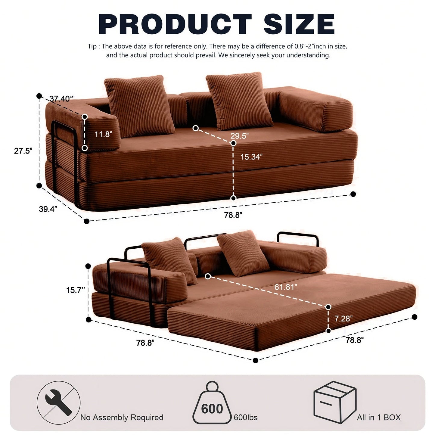 Canapé-lit convertible de 78,8 cm avec coussin et accoudoirs