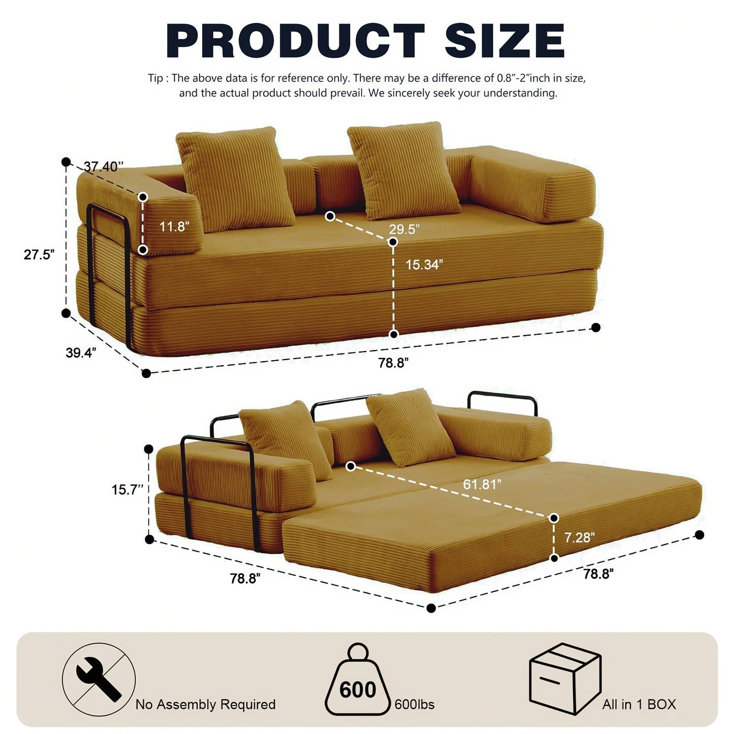 Canapé-lit convertible de 78,8 cm avec coussin et accoudoirs
