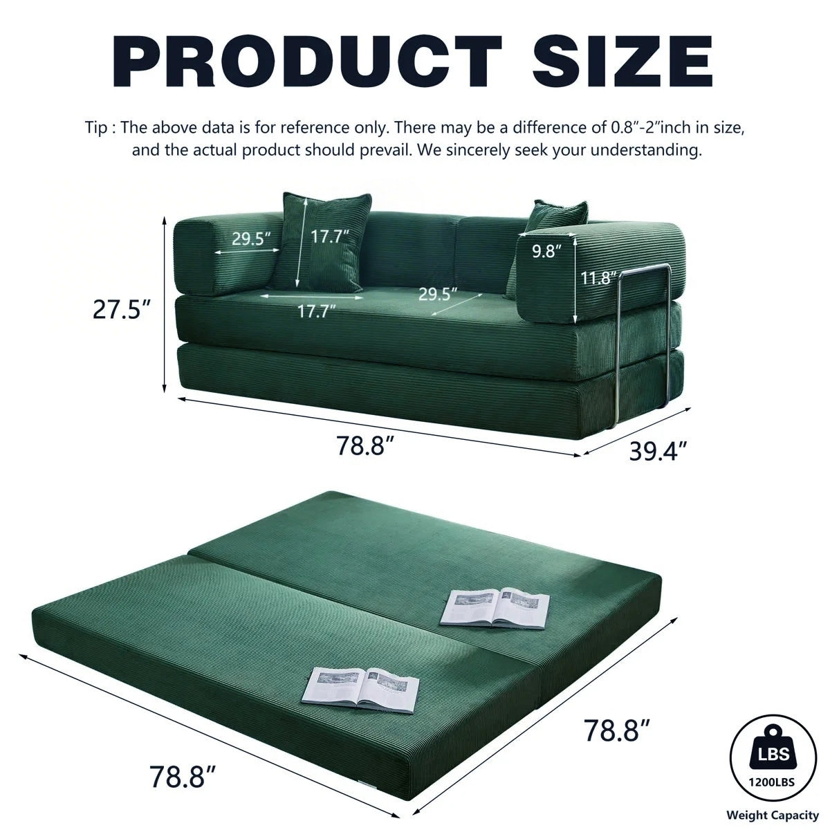 Canapé-lit convertible de 78,8 cm avec coussin et accoudoirs